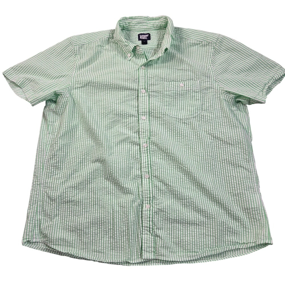 Lands End Seersucker Shirt Mens XL Green White Striped Short Sleeve Button Down